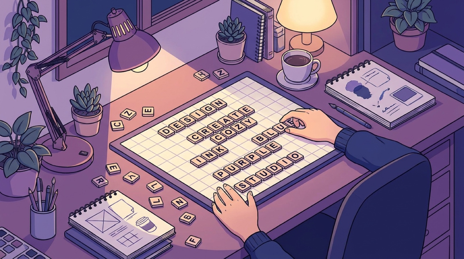 An isometric designer studio desk with letter tiles arranged on a grid board